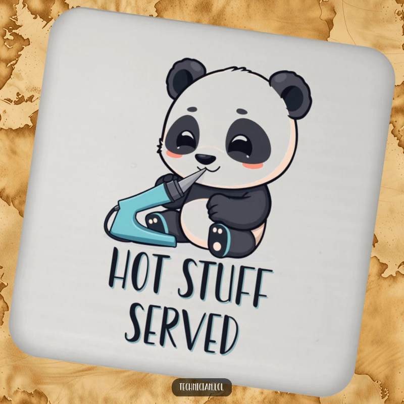 Funny drink coasters featuring an enthusiastic panda using a soldering iron with great focus, providing humorous surface protection.