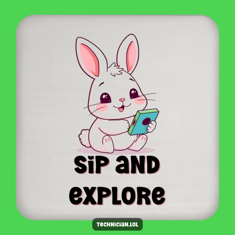 Funny Rabbit Coaster Set: Cheerful Rabbit with Gadget, Unique Funny Gift