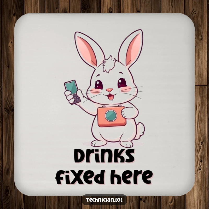 Funny drink coaster with a proud rabbit displaying a repaired gadget, adding a humorous and skillful touch to beverage service.
