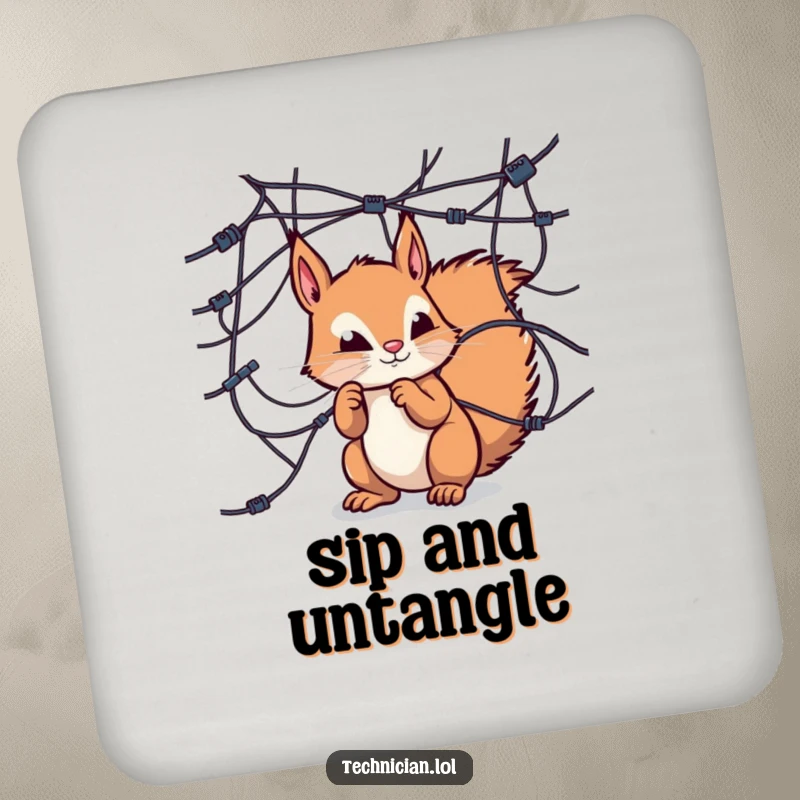 Funny coaster, curious squirrel examining wires, tech accessory, woodland decor, humorous item.