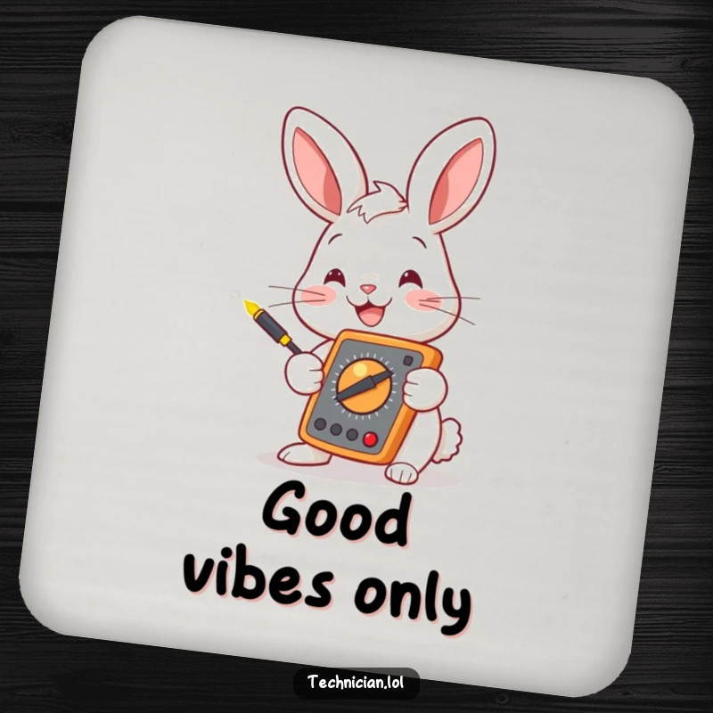 Funny bunny with a multimeter on a drink coaster, protecting surfaces with electrical engineering humor, a cute funny gift.