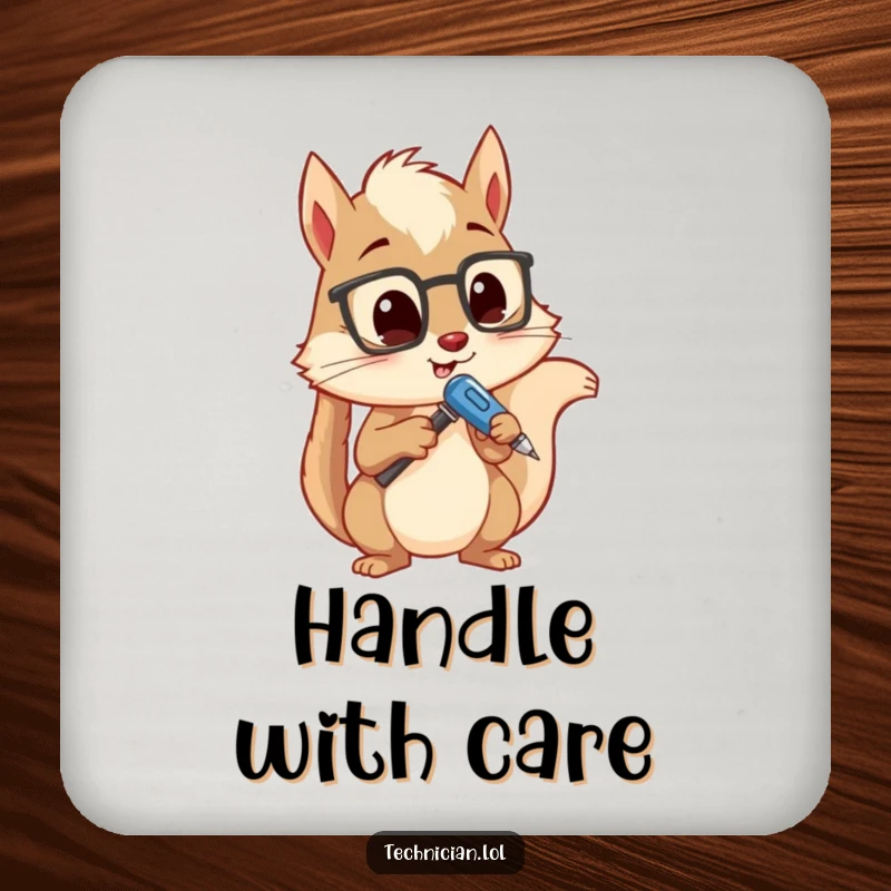 Funny drink coasters featuring a curious squirrel holding a screwdriver, analyzing a device, providing humorous protection for tabletops.