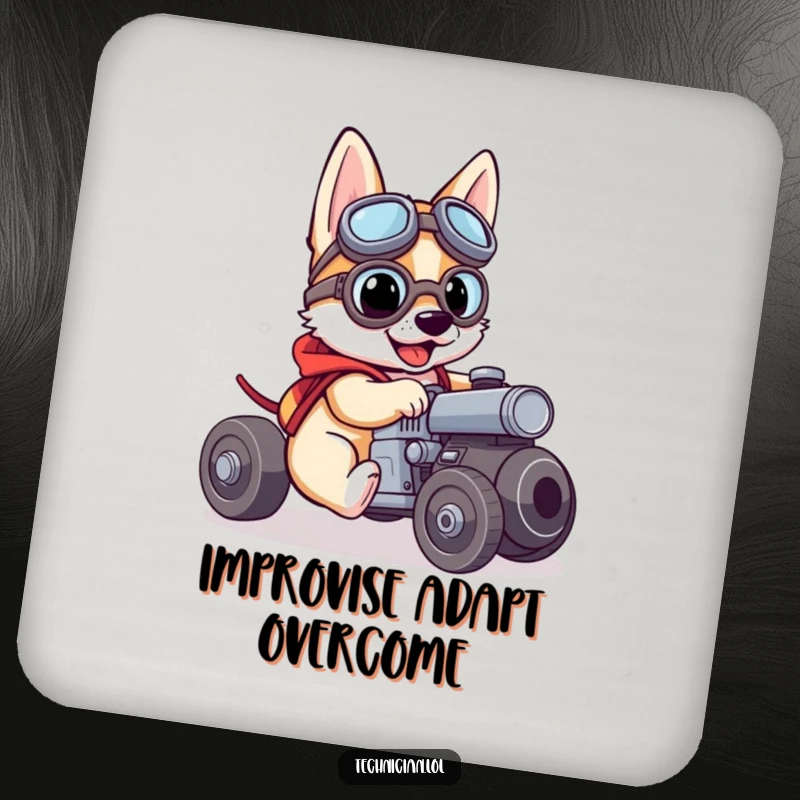 Funny drink coaster featuring a brave dog in goggles working on a small engine, protecting surfaces with style.