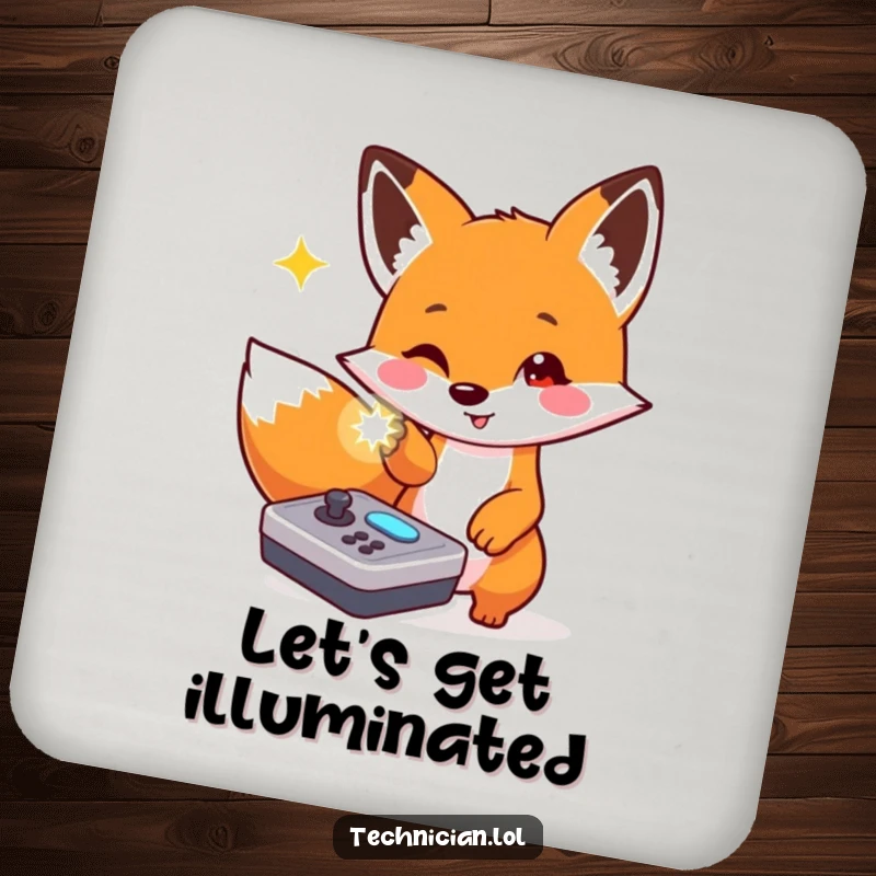 Funny drink coaster with a playful fox pointing at a flashing light on a console, protecting surfaces with fun.