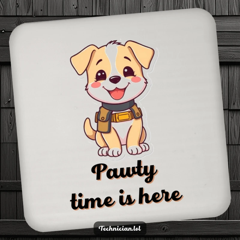 Funny drink coaster with a joyful puppy wearing a tool belt, looking eager to help, offering humorous protection for surfaces.