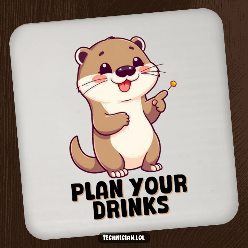 Funny drink coaster with a cheerful otter pointing at a complex schematic, adding a humorous and intelligent touch to beverage service.