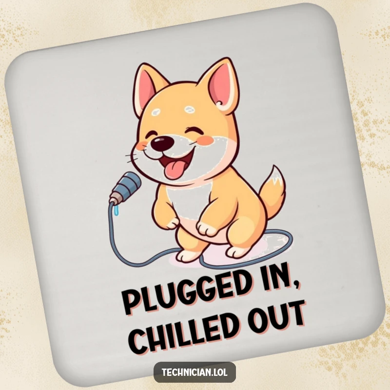 Funny dog drink coaster art of an excited dog plugging a wire into a socket, symbolizing protection and cheerful energy.