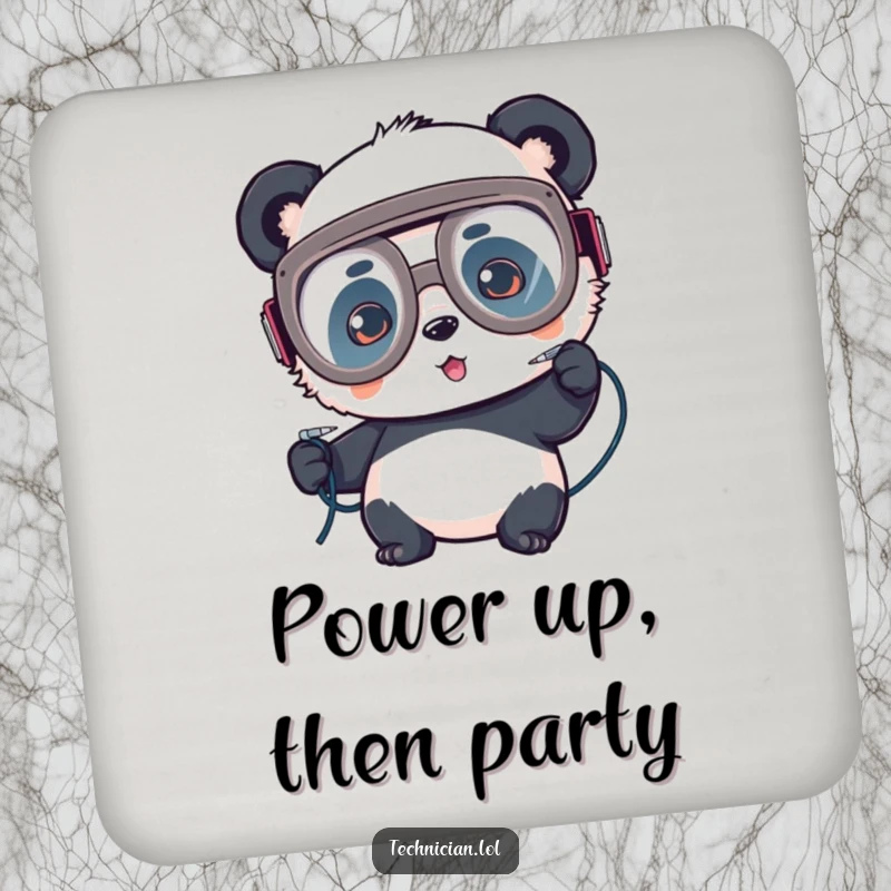 Funny coaster, playful panda with goggles, soldering wires, workshop decor, DIY accessory.