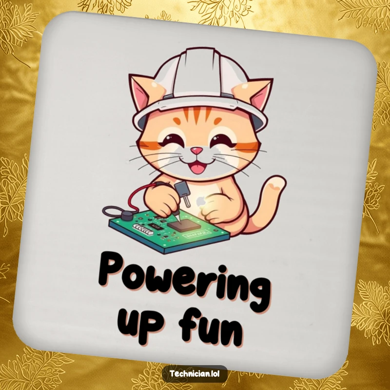 Funny drink coaster showing a cat soldering a circuit board, a cartoon accessory with tech appeal.
