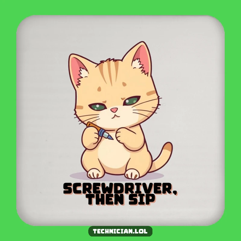 Funny Cat Mechanic Coaster: Protect surfaces with this determined fixer, a perfect funny gift!