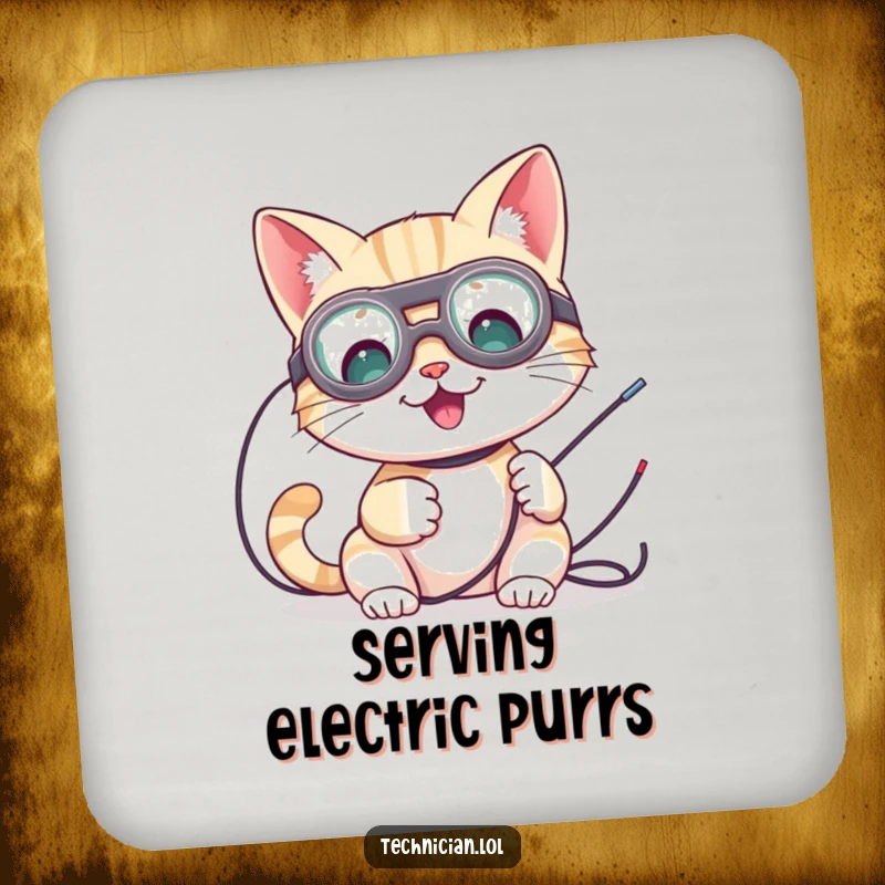 Funny drink coaster with a cute cat wearing goggles, working on wires, protecting surfaces with humor.