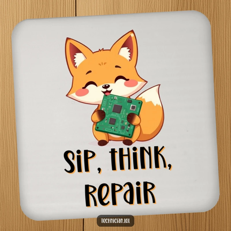 Funny coaster, cheerful fox holding a shiny repaired circuit board, table protection, geeky home accent.