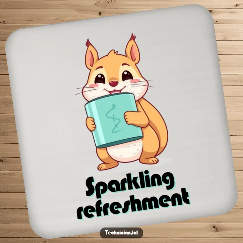 Funny happy squirrel holding a large capacitor with a proud smile, on a coaster.