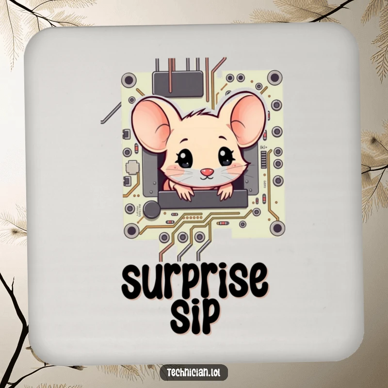 Funny shy mouse peeking with amazement from a circuit board, designed on a coaster for stylish protection.