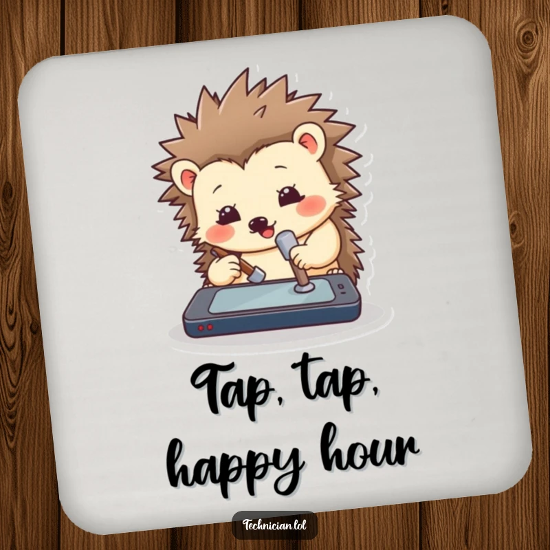 Funny hedgehog drink coaster art of a hedgehog with a small hammer looking at a spill, symbolizing protection and tech humor.