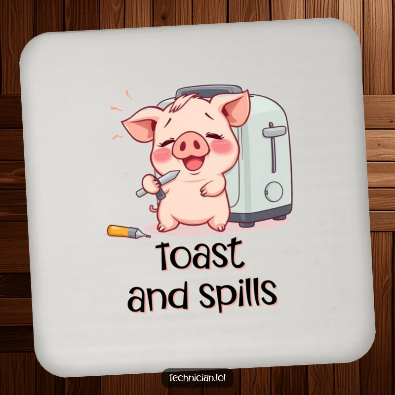 Funny drink coaster showing a giggling piglet with a screwdriver comically fixing a toaster, ideal for protecting surfaces.