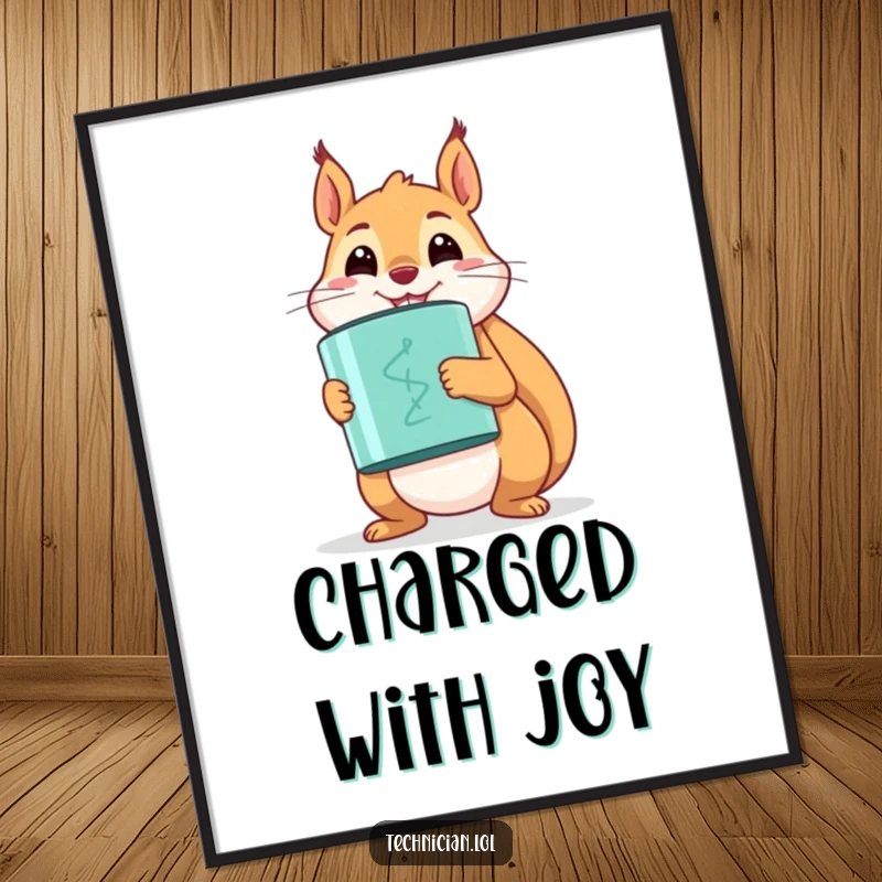 Funny happy squirrel holding a large capacitor with a proud smile, presented as a vibrant poster.