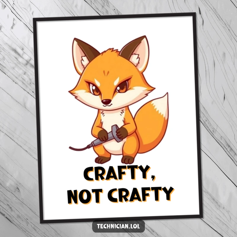 Funny poster showcasing a determined fox with a soldering iron, ideal for inspiring focus and creativity in a workspace.