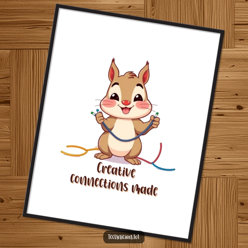 Funny cheerful squirrel smiling while connecting colorful wires, presented as a poster, perfect funny gift.