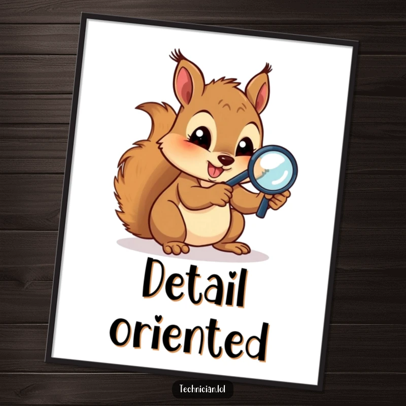 Funny Posters: A gleeful squirrel intensely examines circuits with a magnifying glass, bringing detailed tech humor and artistic charm to any room.