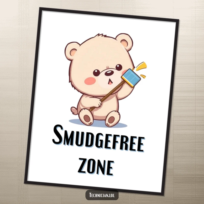 Funny bear poster art of a bear with a cloth polishing a metallic surface to a perfect shine, highlighting meticulousness.