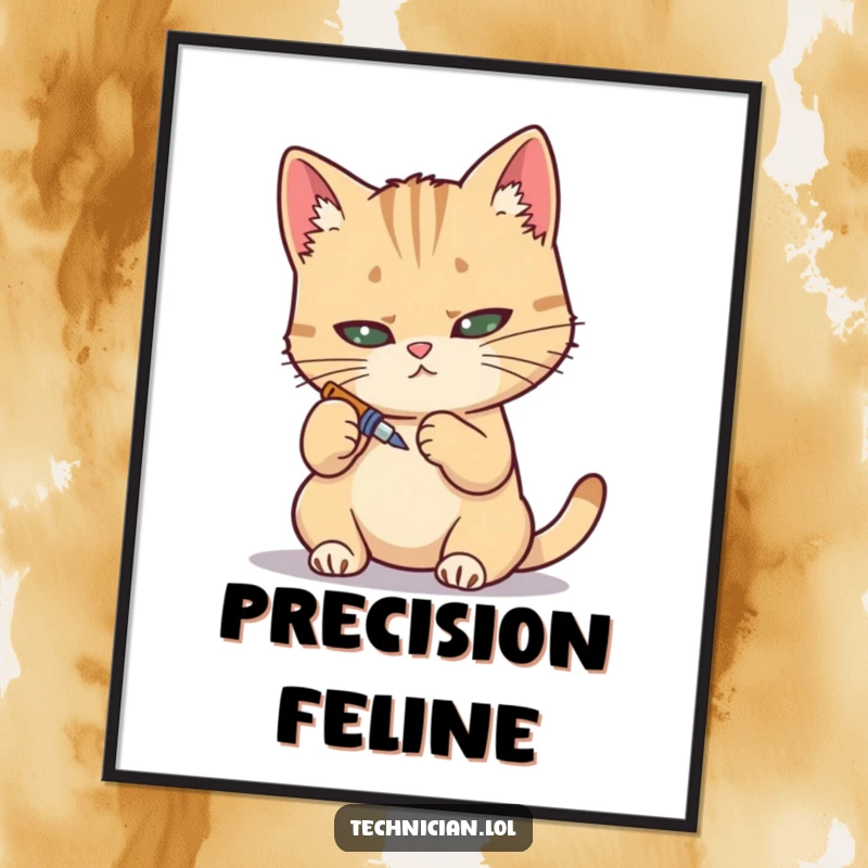 Funny poster, determined cat with tiny screwdriver, precise repair, skilled feline art, office decor.