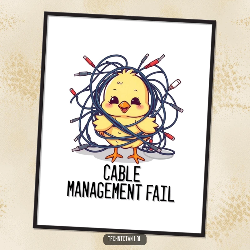 Funny Posters: A playful chick comically tangled in a mess of cables brings a delightful dose of tech-themed humor and adorable chaos to any wall.