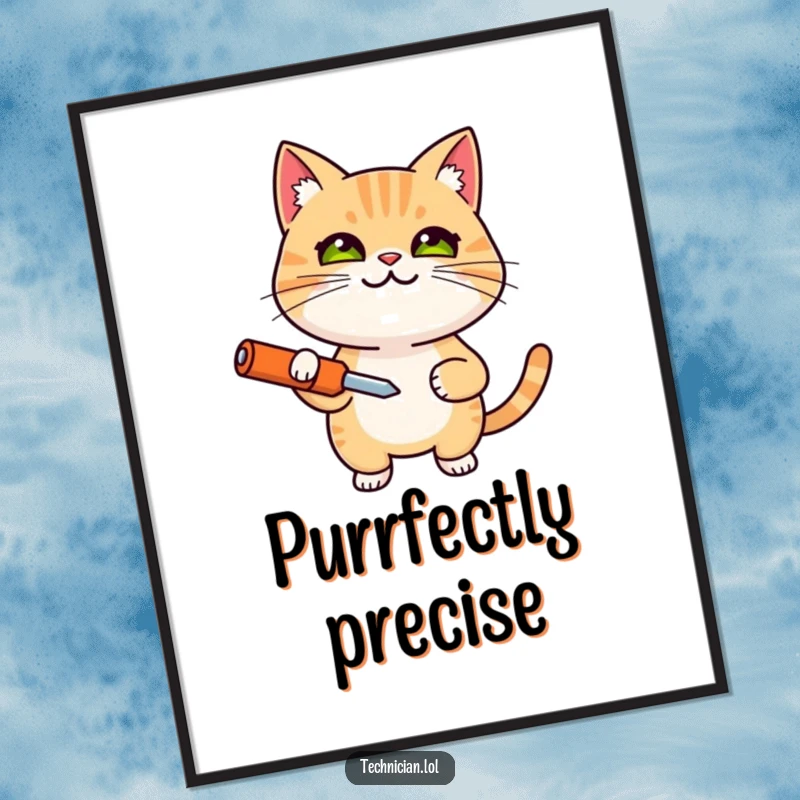 Funny poster featuring a smiling, determined cat holding a screwdriver, humorous wall art, a great funny gift.