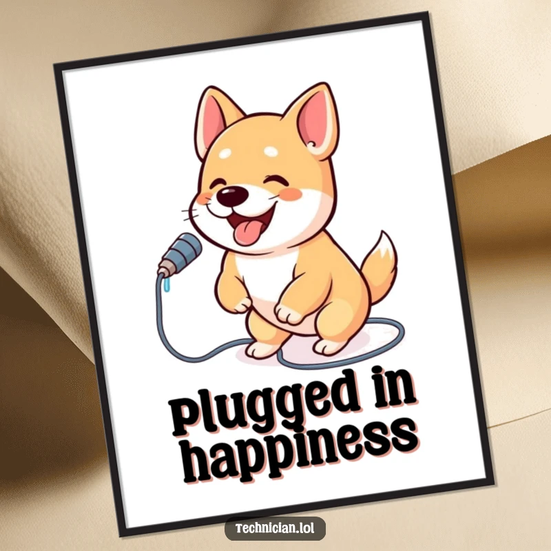 Funny dog poster art of a happy, bouncing dog excitedly connecting a charger cable to a laptop, symbolizing energy and readiness.