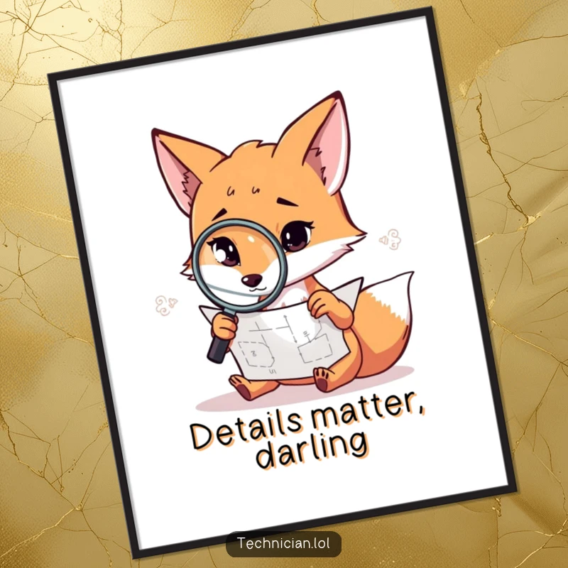 Funny fox poster, a determined fox with a magnifying glass examining a highly detailed diagram, symbolizing intellect.