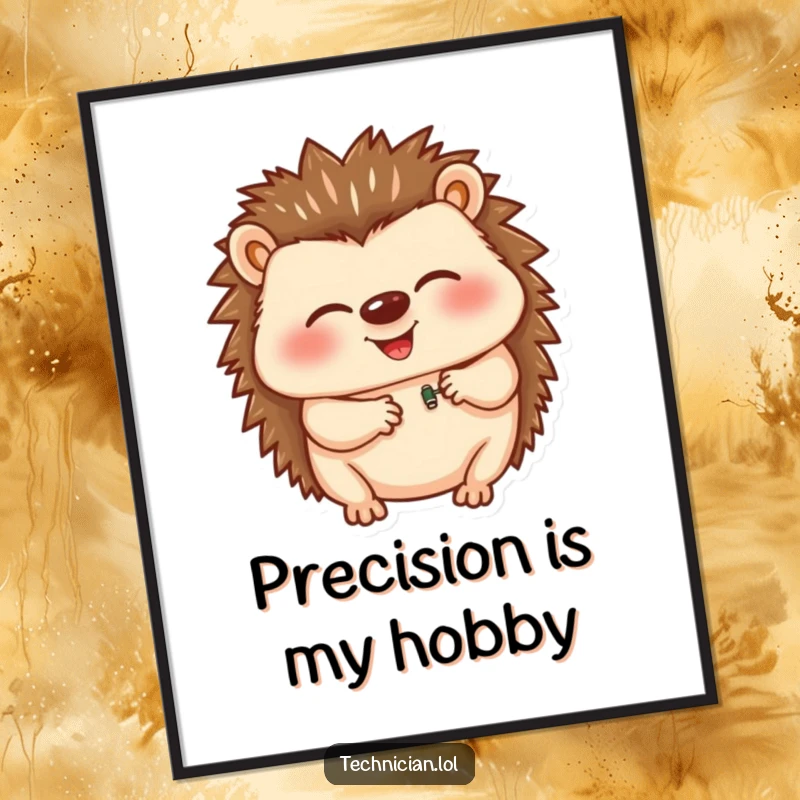 Funny poster depicting a giggling hedgehog engrossed in the intricate task of inserting a tiny component, full of adorable and humorous energy.
