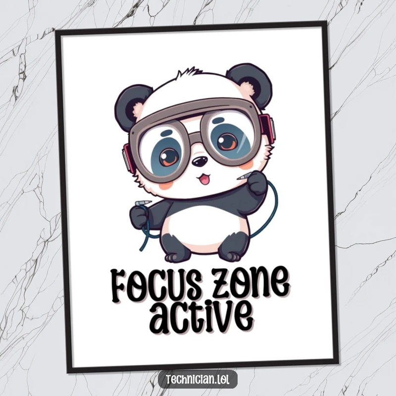 Funny poster, playful panda wearing goggles, soldering wires, electronics workshop decor, humorous art.