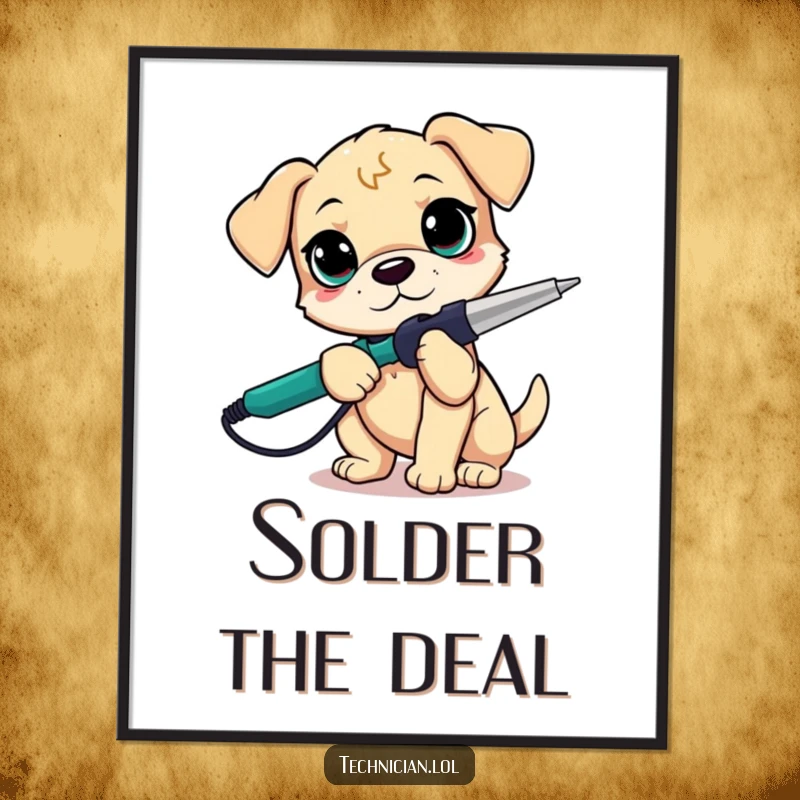 Funny puppy with a soldering iron, determined look, DIY theme, humorous wall art, great funny gift.