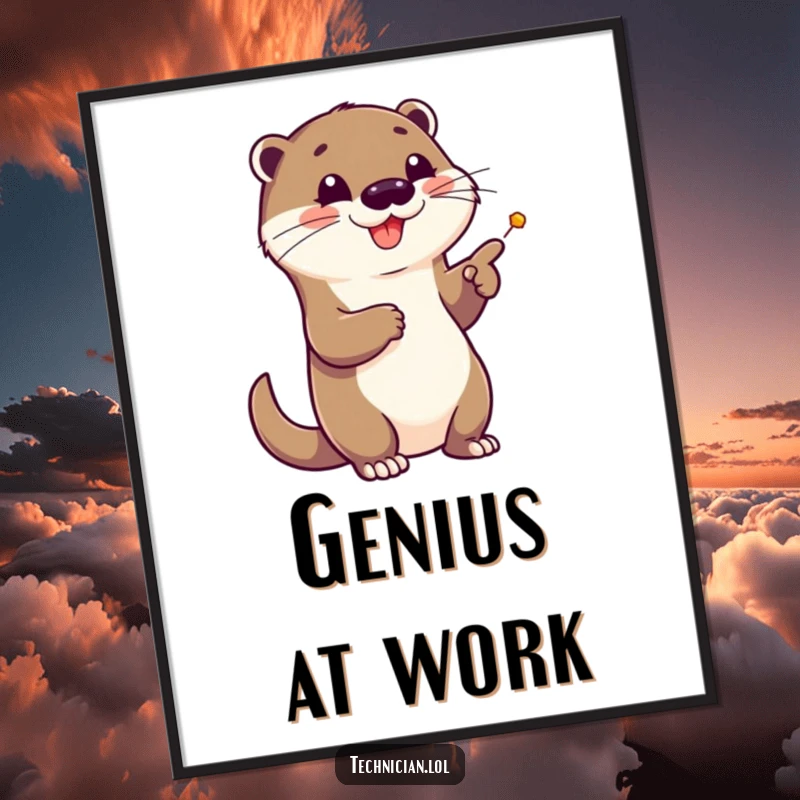 Funny poster showcasing a cheerful otter enthusiastically pointing at a complex schematic, radiating cleverness and analytical joy.