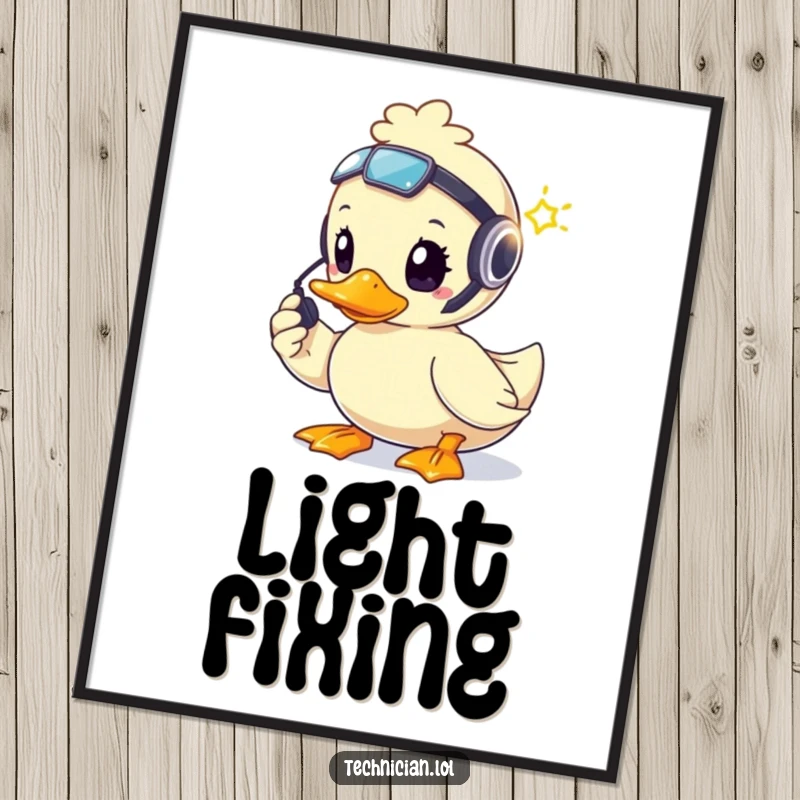 Funny brave duck wearing a headset, focused on fixing a blinking light, presented as a heroic poster.