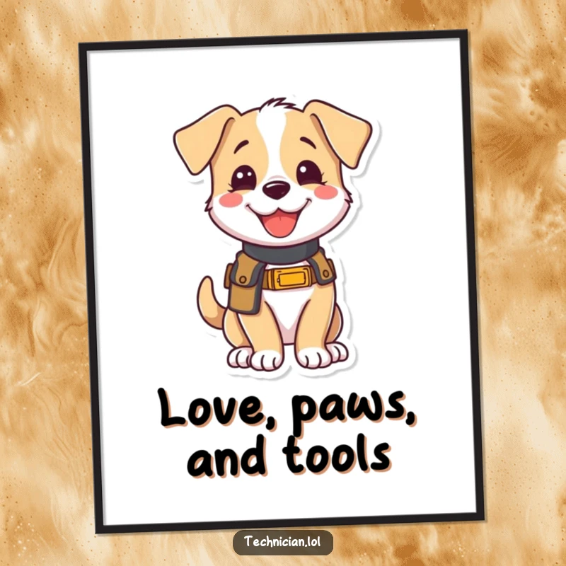 Funny poster of a joyful puppy wearing a tool belt, looking eager to help, radiating positivity and humorous helpfulness for wall decoration.