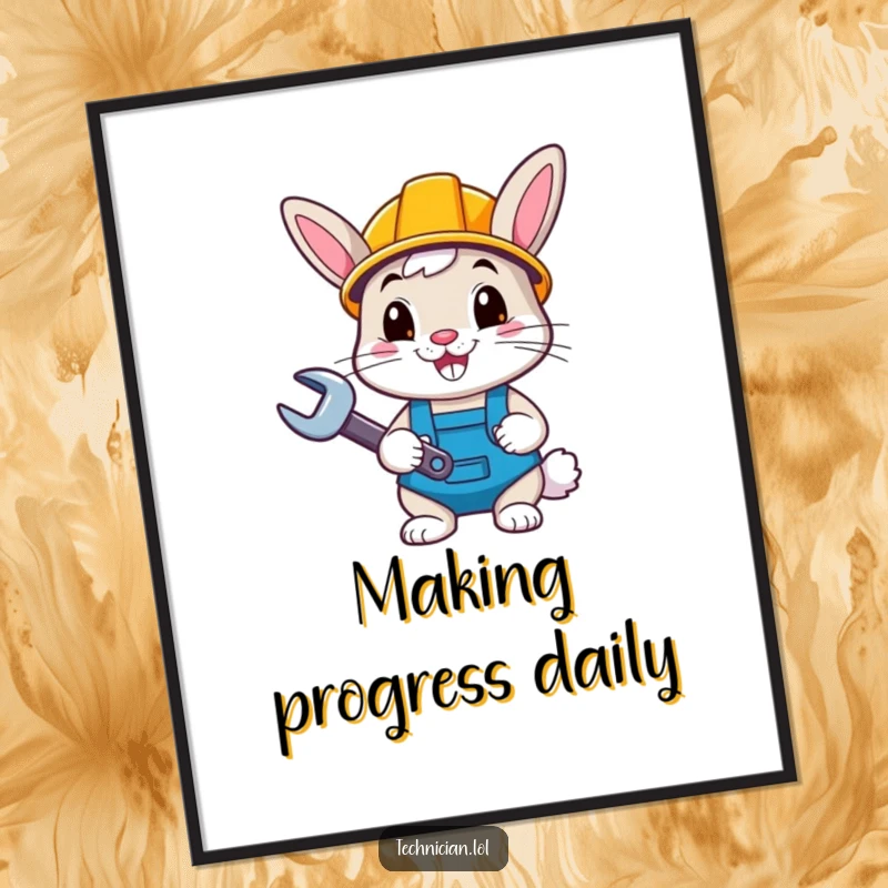Funny happy bunny wearing a hard hat and holding a wrench, depicted as a cheerful poster, perfect funny gift.