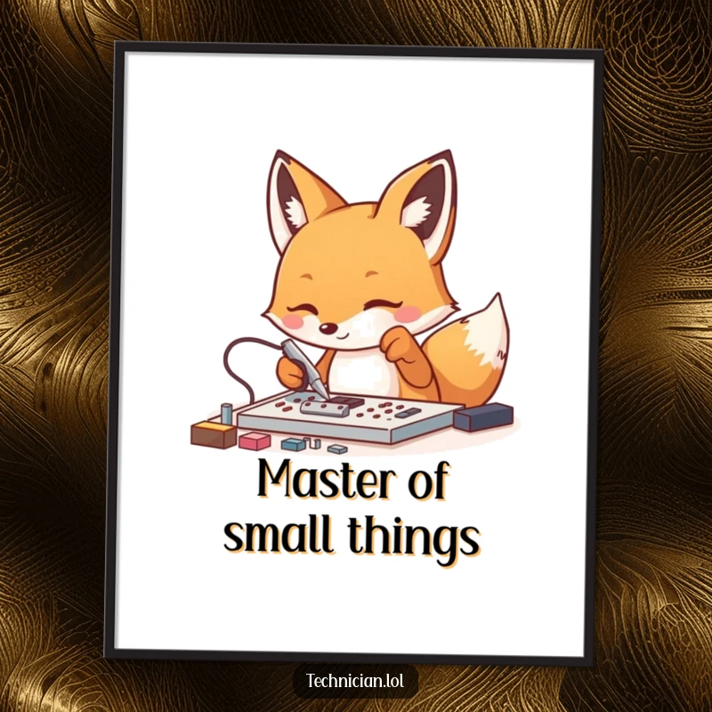 Funny Fox Tech Poster: An energetic fox intently works on tiny components with tweezers, creating a visually engaging and humorous art piece.