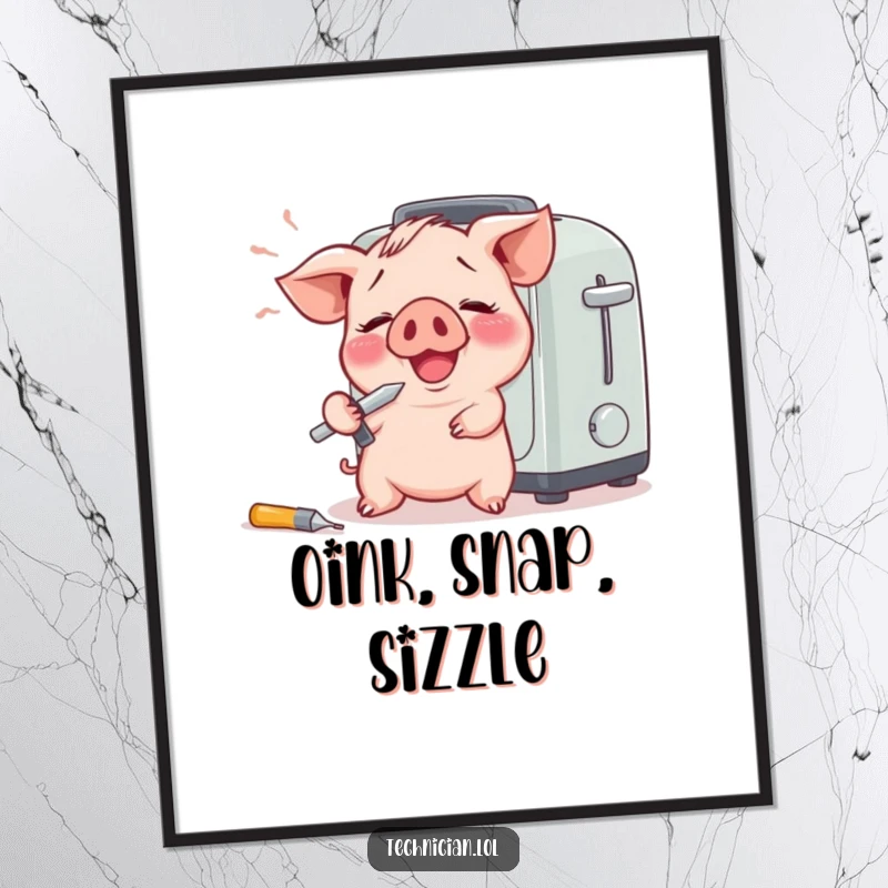 Funny poster featuring a giggling piglet with a screwdriver, comically attempting toaster repair, adding humor to wall decor.