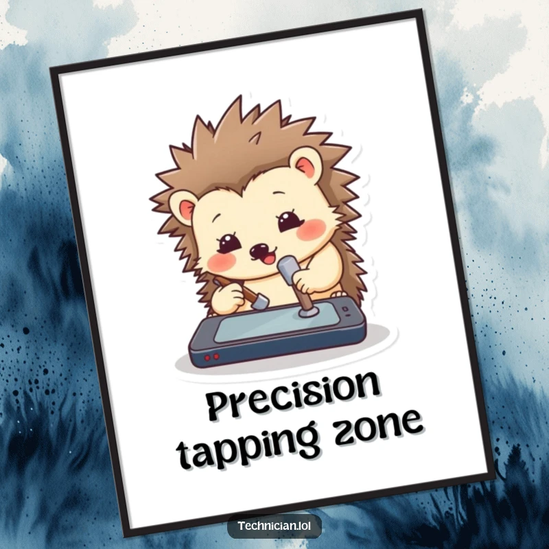 Funny hedgehog poster art of a determined hedgehog with a small hammer poised above a laptop, symbolizing tech troubleshooting humor.