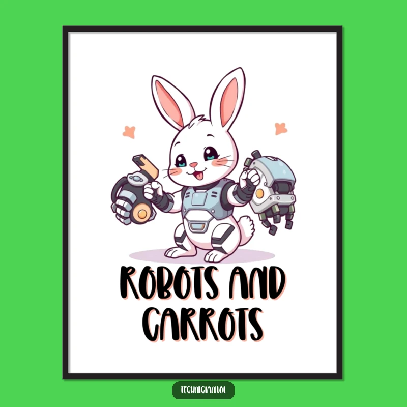 Funny Bunny Poster: Robot arm art, a charming funny gift for walls.