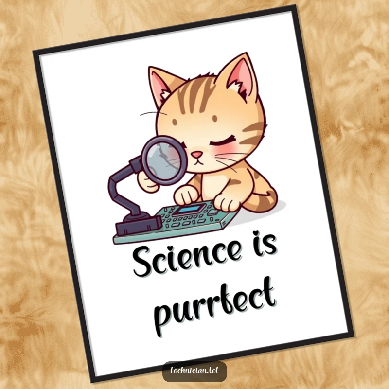 Funny focused cat with a magnifying glass examining a circuit board, presented as a poster, perfect funny gift.