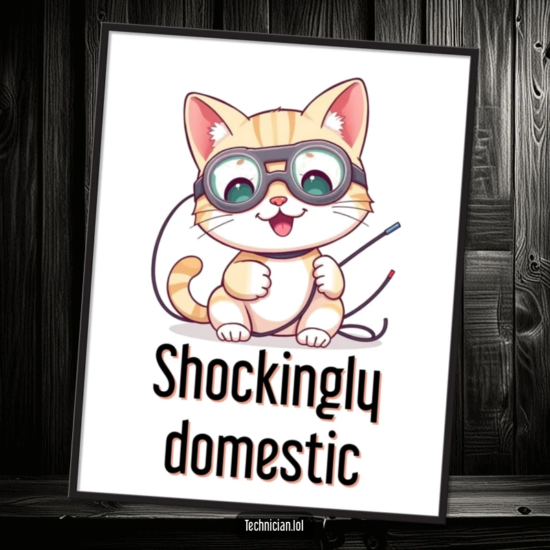 Funny poster art of a cute cat with goggles, cheerfully working on exposed wires, a whimsical tech illustration.