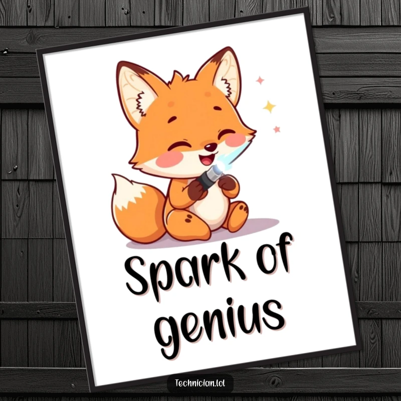 Funny Posters: A happy fox enthusiastically solders wires with a glowing tool, bringing vibrant energy and tech-themed humor to any wall space.