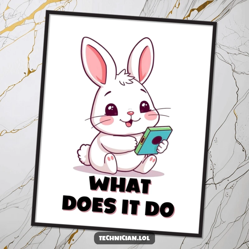 Funny poster of a cheery rabbit with a curious face, intently examining a colorful gadget, perfect for a humorous and whimsical space.