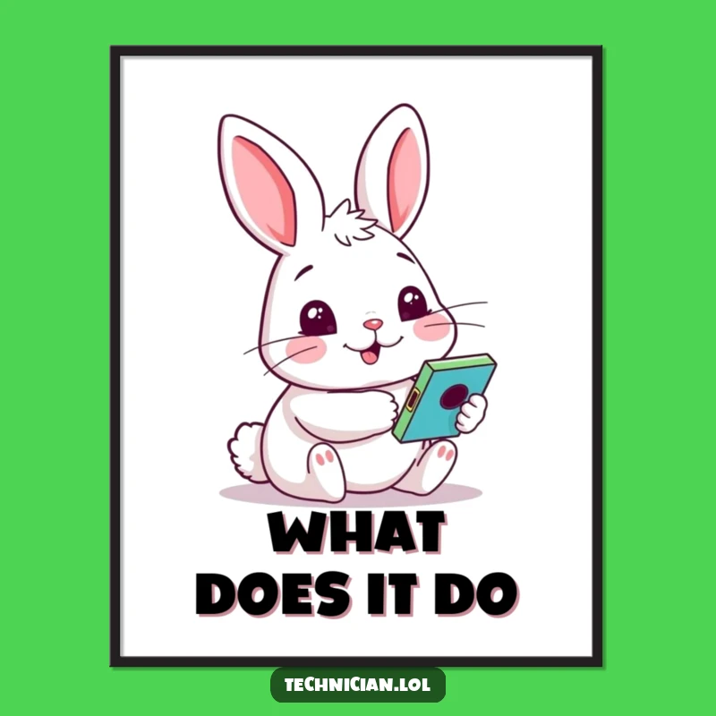 Funny Rabbit Curiosity Poster: Cheerful Rabbit with Gadget, Whimsical Funny Gift Decor