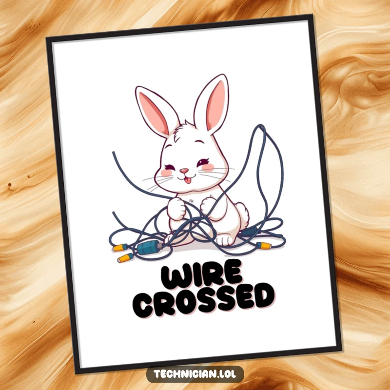 Funny poster artwork of a smiling bunny intently examining a large, tangled mess of wires, symbolizing the humorous challenges of modern technology.