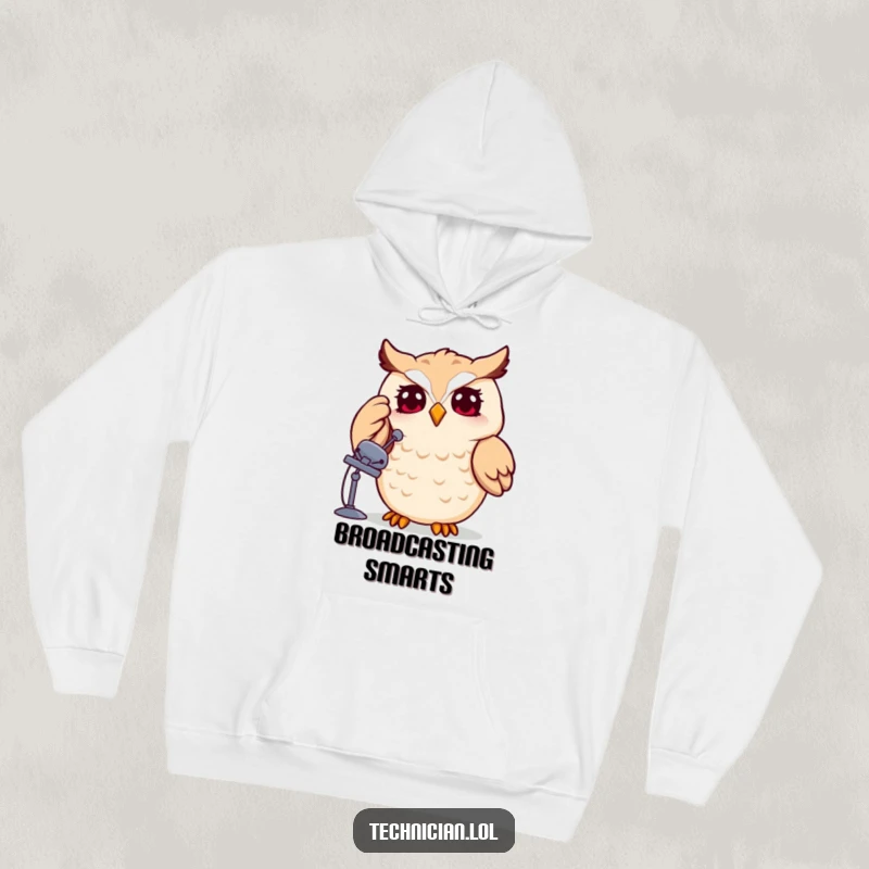 Funny owl adjusting a satellite dish, cozy hoodie, symbolizes connection and intelligence, a perfect funny gift.