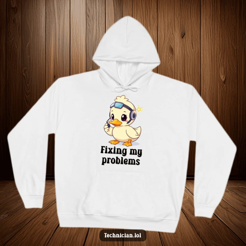 Funny brave duck wearing a headset, fixing a blinking light with determination, featured on a cozy hoodie.
