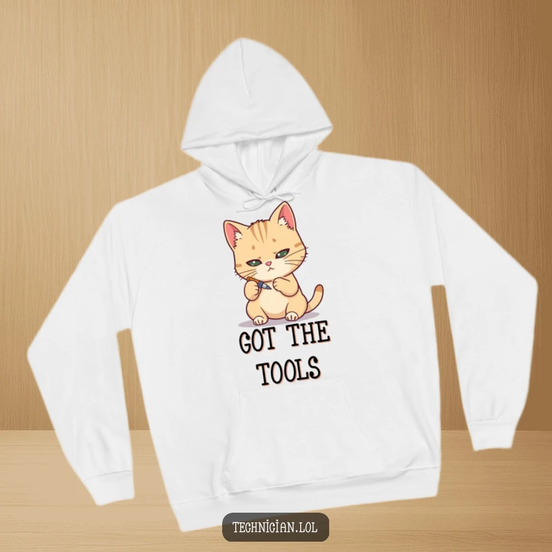 Funny hoodie, determined cat with tiny screwdriver, precision repair, cozy mechanic apparel.